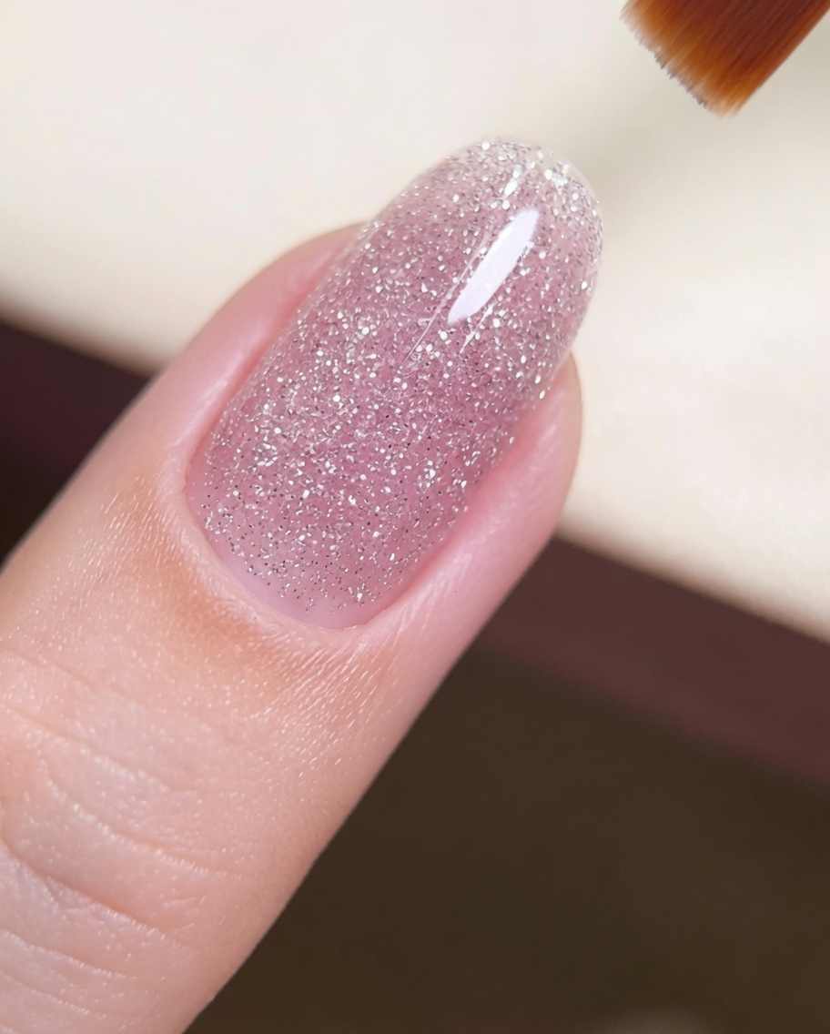Un pinceau appliquant une dernière couche lisse de top coat transparent sur une surface dongle pailletée.