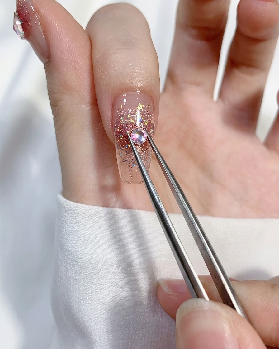 Utilisation dune pince de précision pour poser un strass cœur rose.