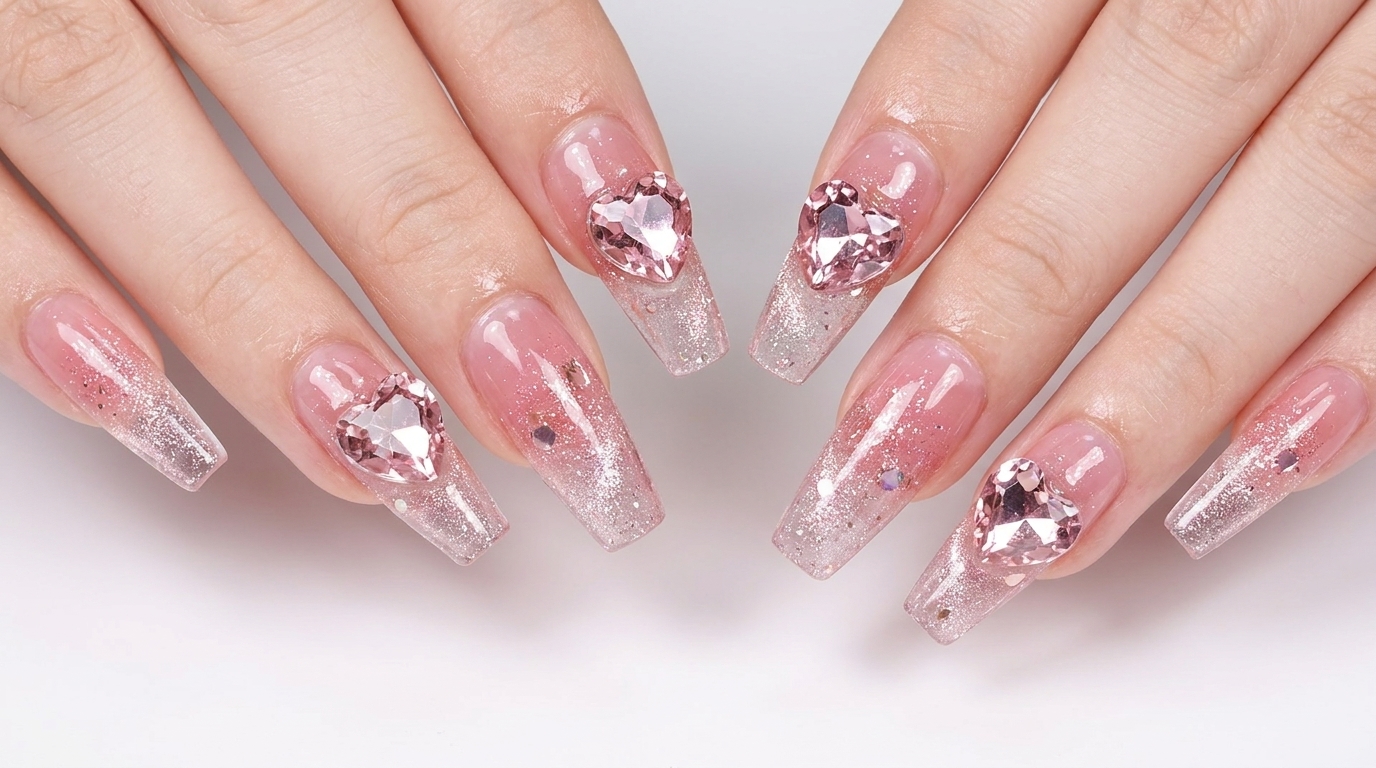 Ongles Féeriques : Manucure Pink Cat-Eye avec Cristaux Cœur
