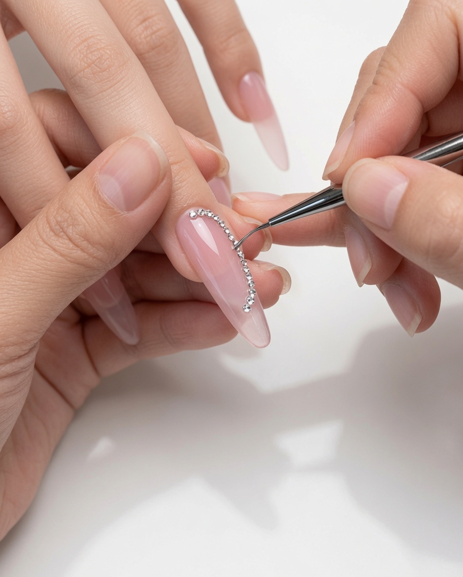 Gros plan dun pinceau liner perfectionnant la courbe dune pointe French en gel pailleté.