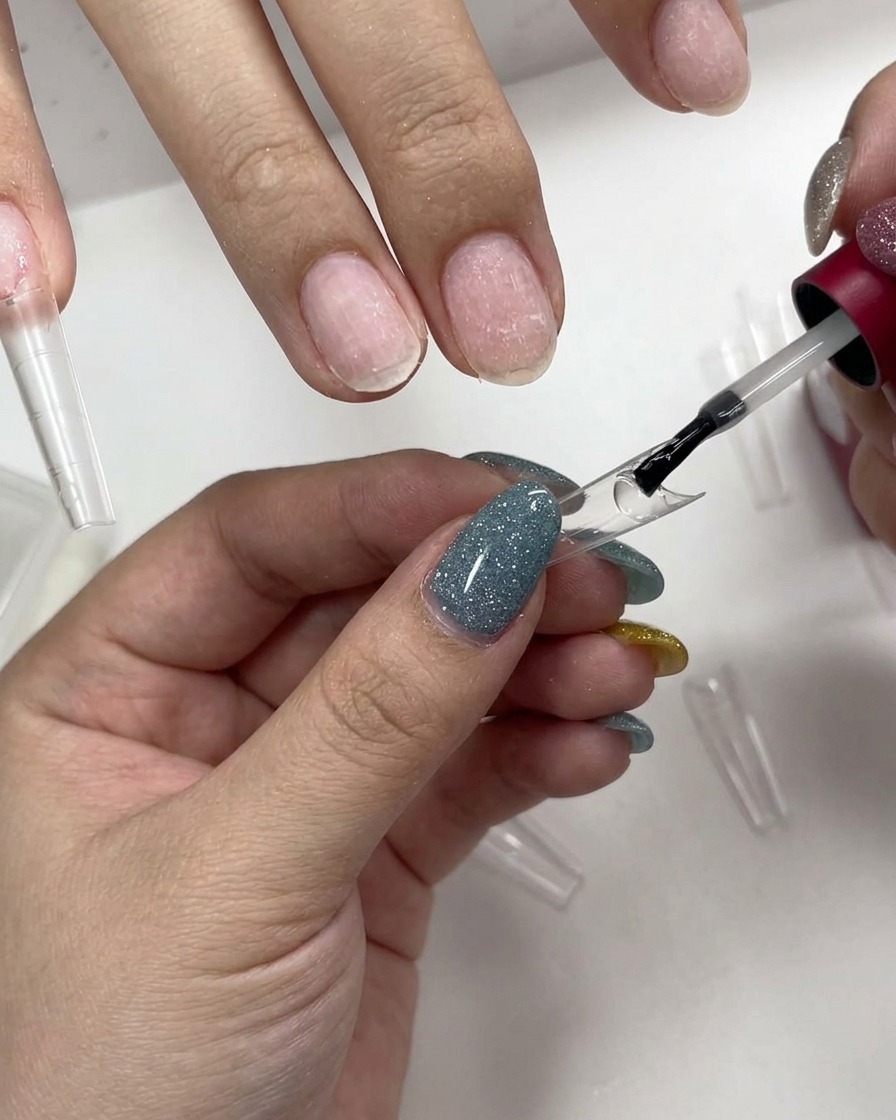 Un pinceau à ongles appliquant une colle gel transparente à lintérieur de la base dune capsule transparente.