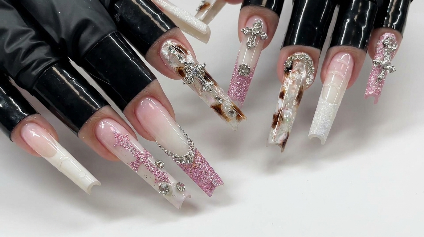 Ongles en gel effet léopard et acétate à paillettes roses — Tutoriel luxe