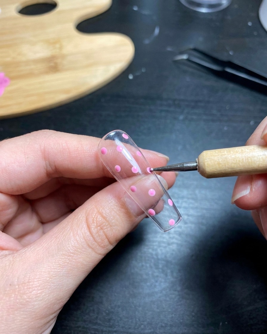 Gros plan dune main avec un nail art à pois positionnée dans une lampe UV pour ongles.