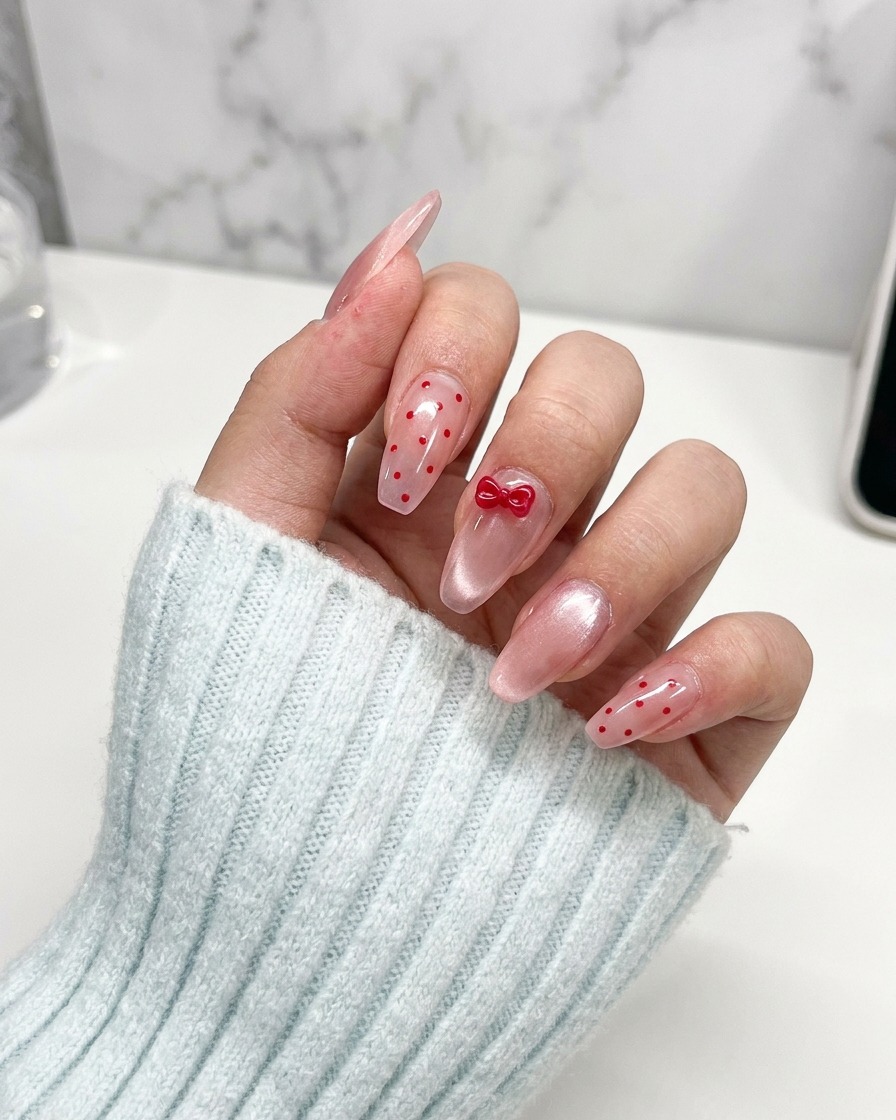 Une main plaçant un petit charm nœud 3D rouge brillant au centre dun ongle.
