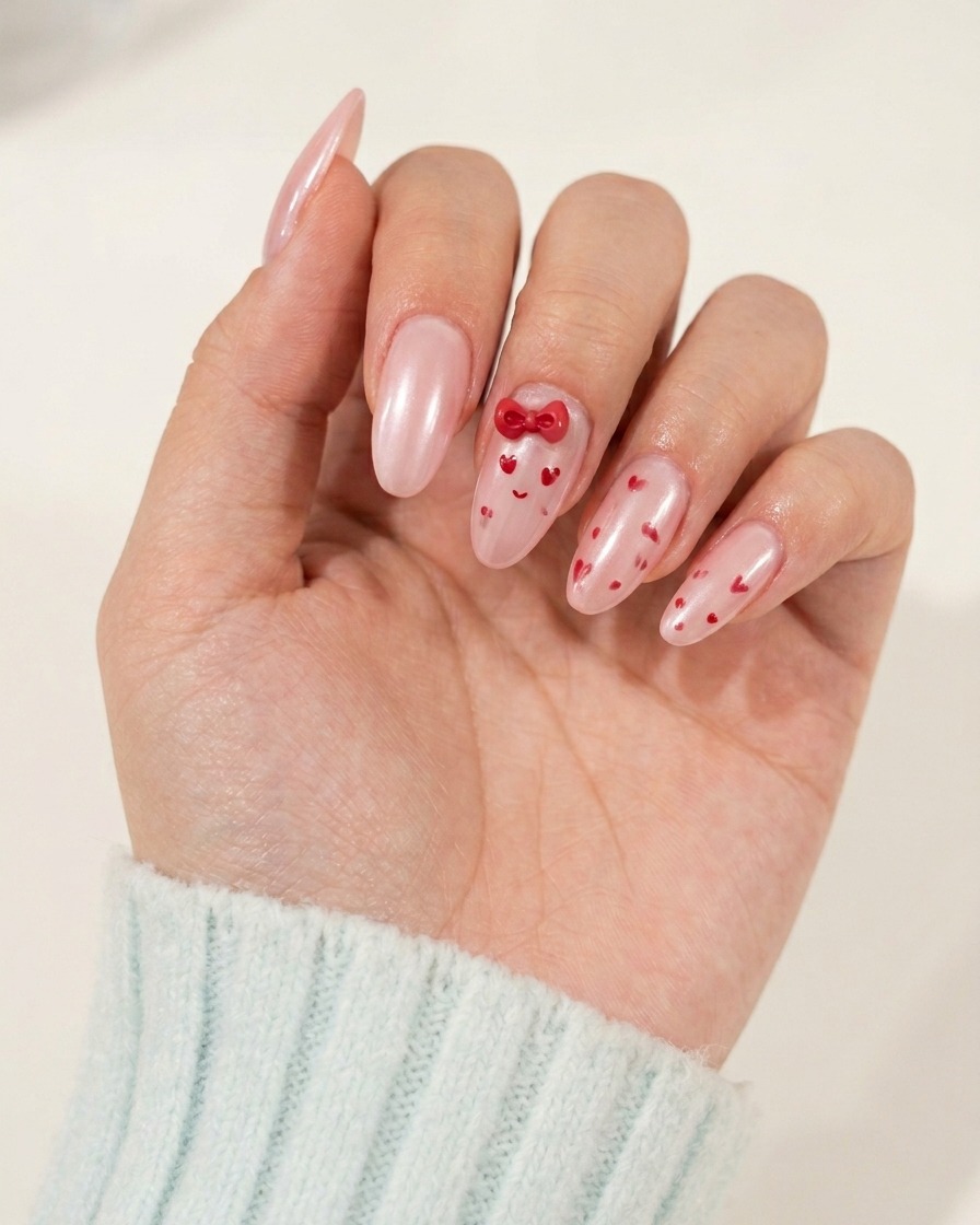Un pinceau de détail créant de petits motifs dyeux rouges simples sur un ongle sous un nœud.