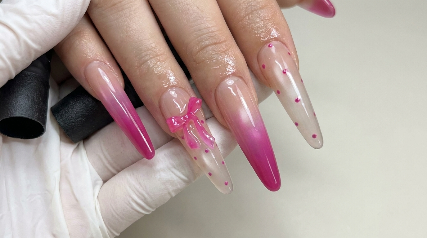 Ongles en gel avec nœuds roses et pois — Tutoriel étape par étape