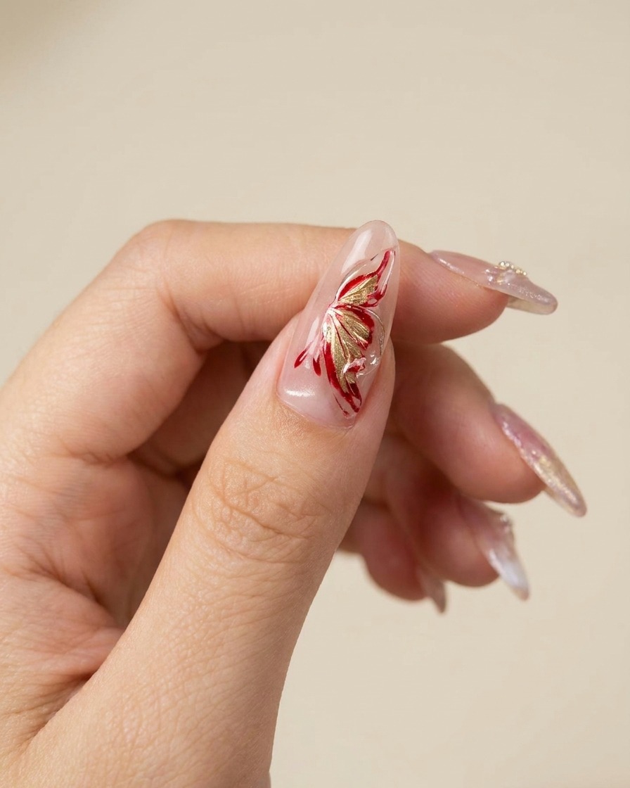 Gros plan sur un outil en silicone créant des textures délicates et des plis dans du gel 3D humide sur un ongle.