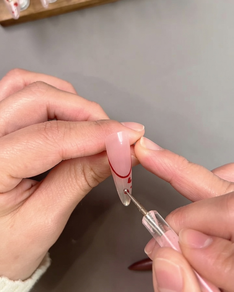 Un outil de pointillage appliquant de petits points de gel rouge sur un ongle nude avec une pointe French rouge et des détails minuscules en forme de cœur.