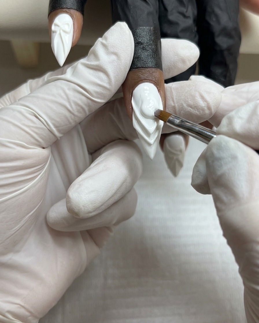 Un pinceau à ongles affinant une deuxième couche de vernis gel blanc opaque sur un ongle.