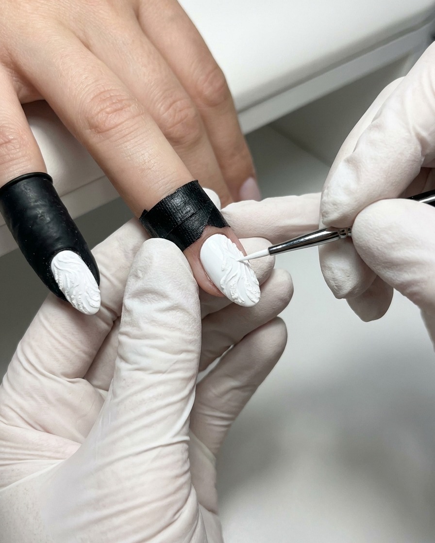 Un pinceau de précision tirant délicatement le gel de modelage blanc en forme de triangle sur la surface dun ongle.
