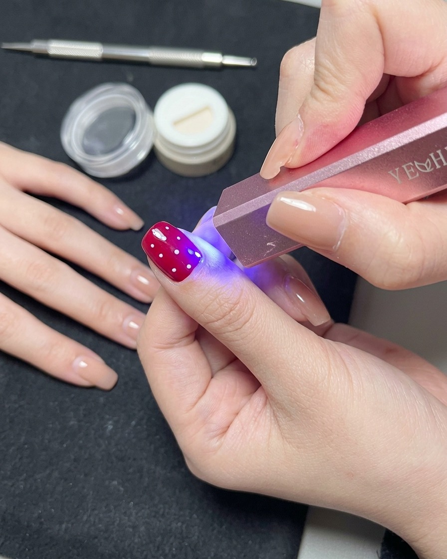 Un ongle avec des motifs de pois blancs reposant à lintérieur dune lampe UV/LED pendant le processus de catalyse.