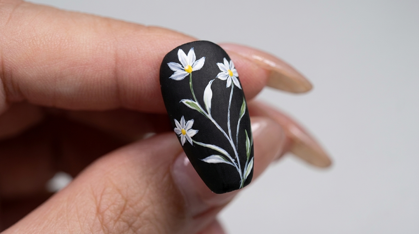 Nail Art Marguerites sur Noir Mat — Tutoriel Floral pour Débutants