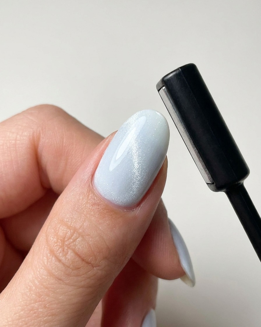 Un aimant noir surplombant un ongle brillant pour attirer les particules vers une ligne.