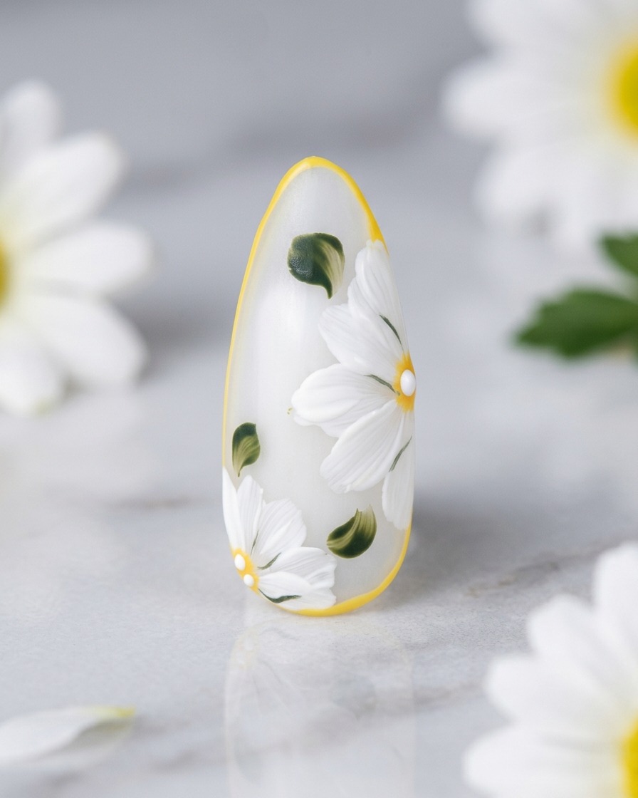 Une capsule finie présentant le design de marguerite terminé avec une finition mate, sur un fond professionnel propre.