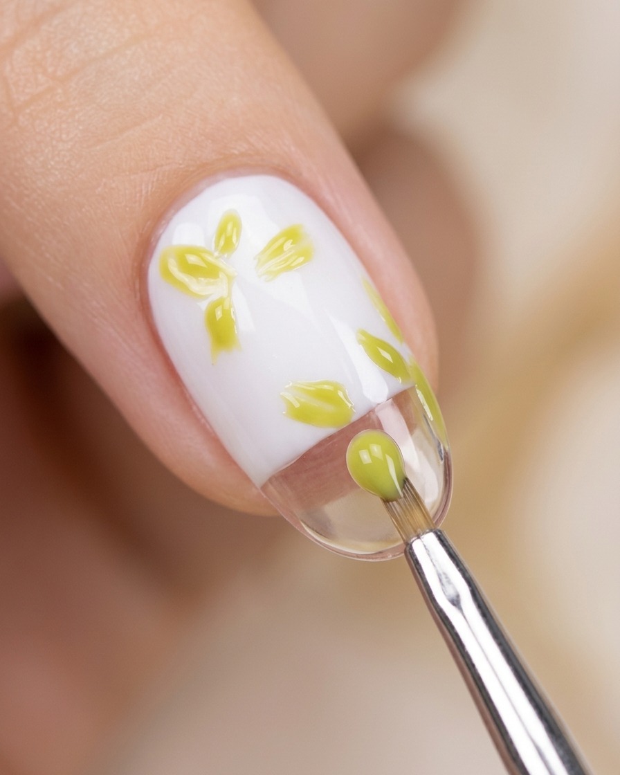 Longle avec les feuilles peintes en vert étant positionné sous une lampe à ongles pour catalyser.