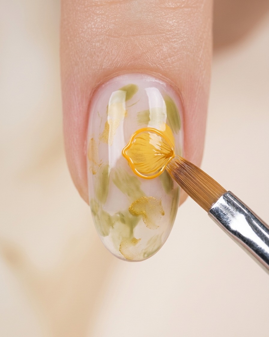 Gros plan dun ongle avec des feuilles, un pinceau avec du gel jaune-orangé peignant des pétales.