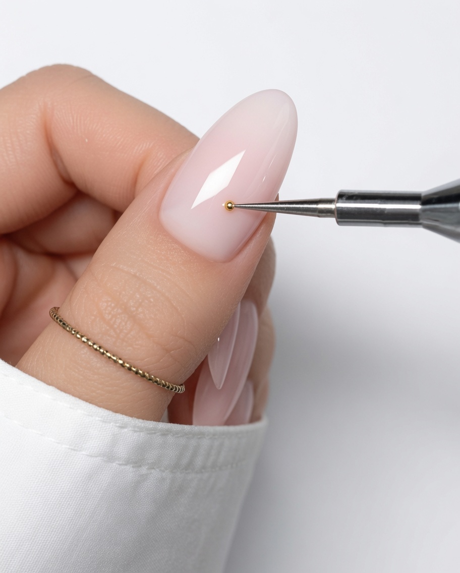 Gros plan dun stylet déposant un petit point de gel jaune sur un ongle nude.