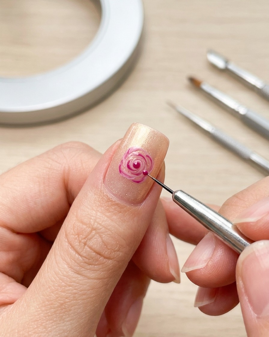 Gros plan montrant un pinceau de précision adoucissant le centre dune rose peinte sur un ongle.