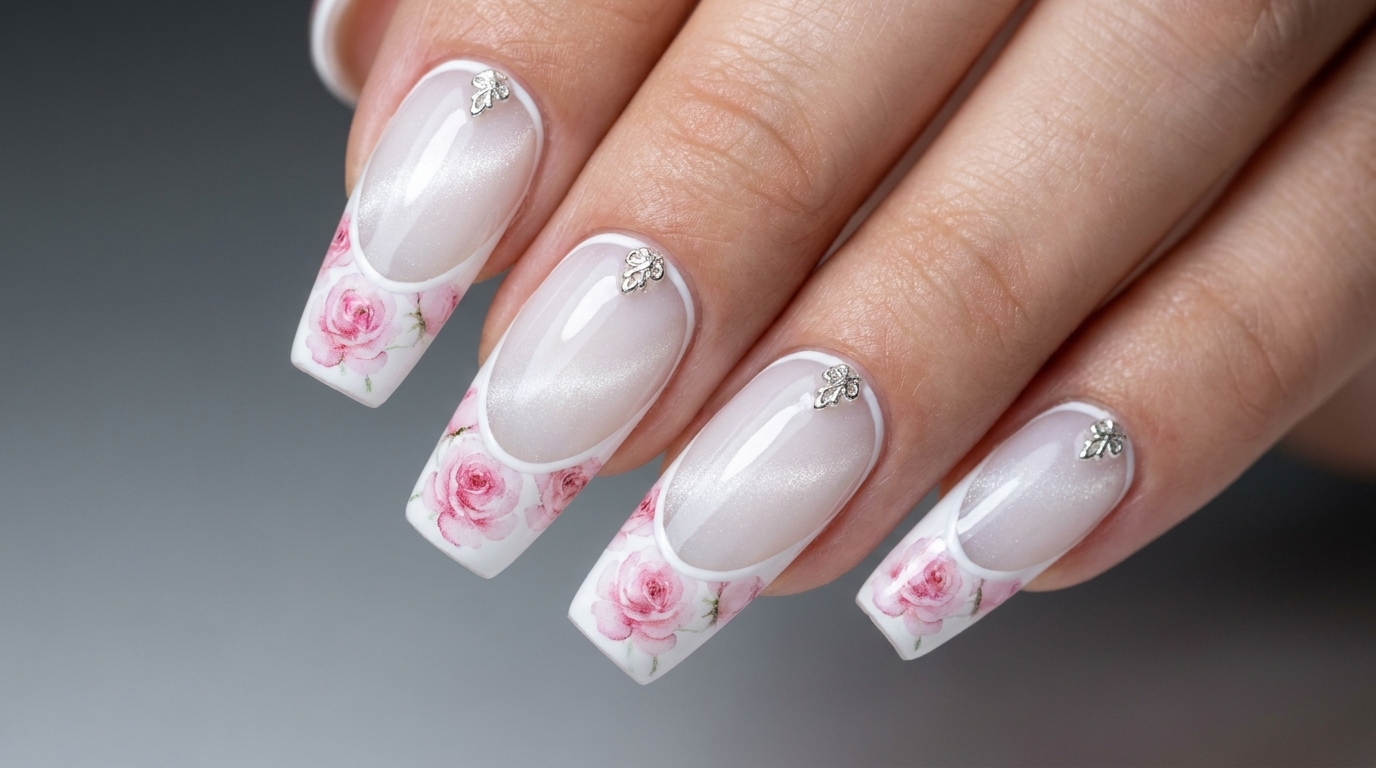 Manucure française aux roses aquarelle — Tutoriel floral élégant