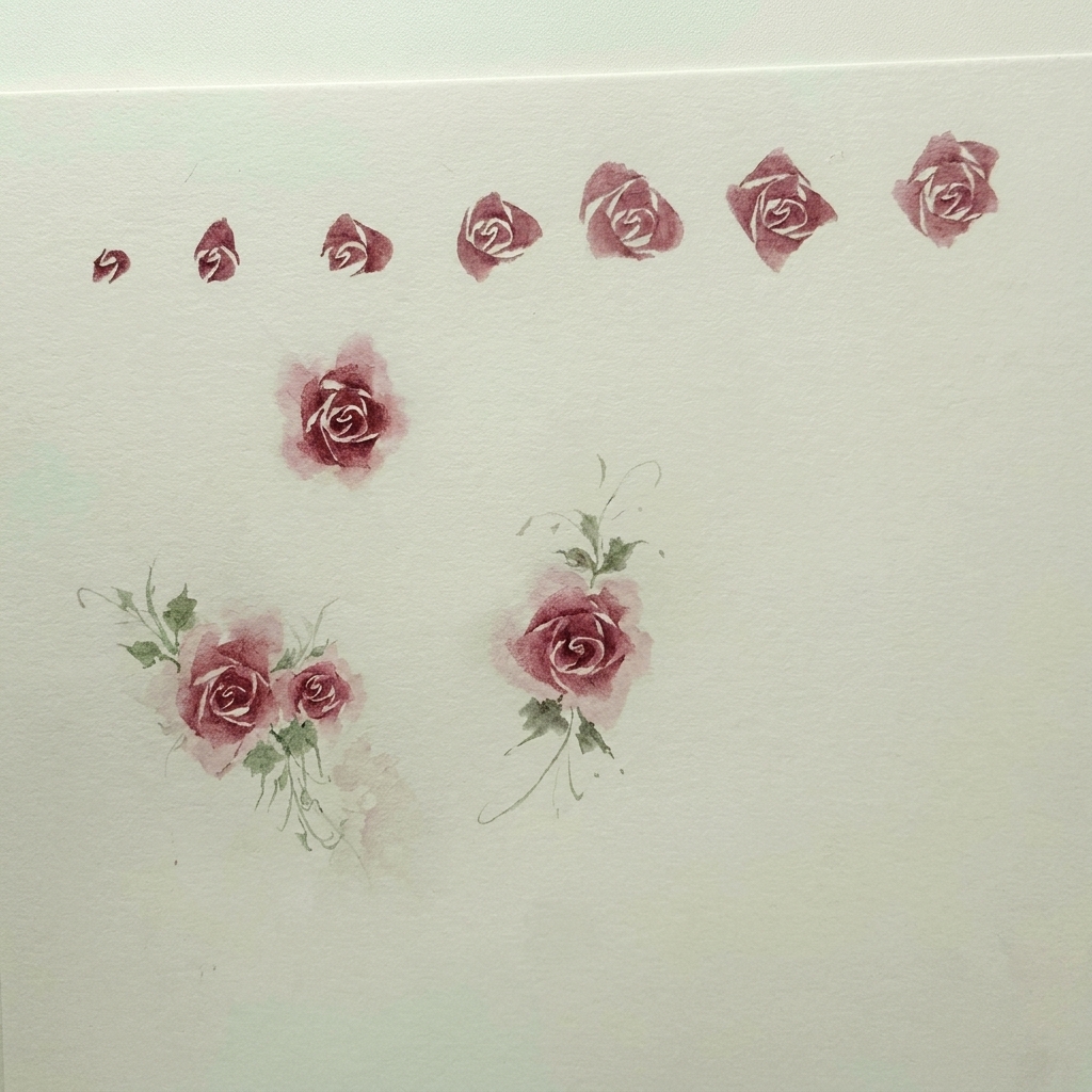 Gros plan sur un pinceau aquarelle appliquant une petite forme de croissant rose foncé sur papier blanc.
