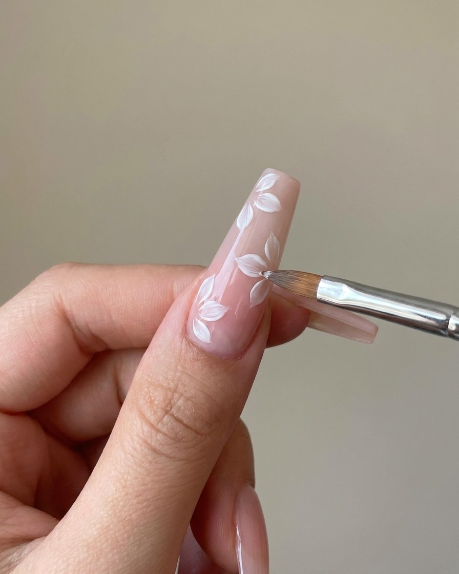 Un pinceau liner ajoutant une seconde couche de pétales blancs sur le design mat existant.
