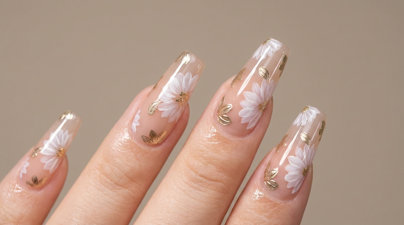 Ongles Marguerites et Chrome Doré : Tutoriel Élégant