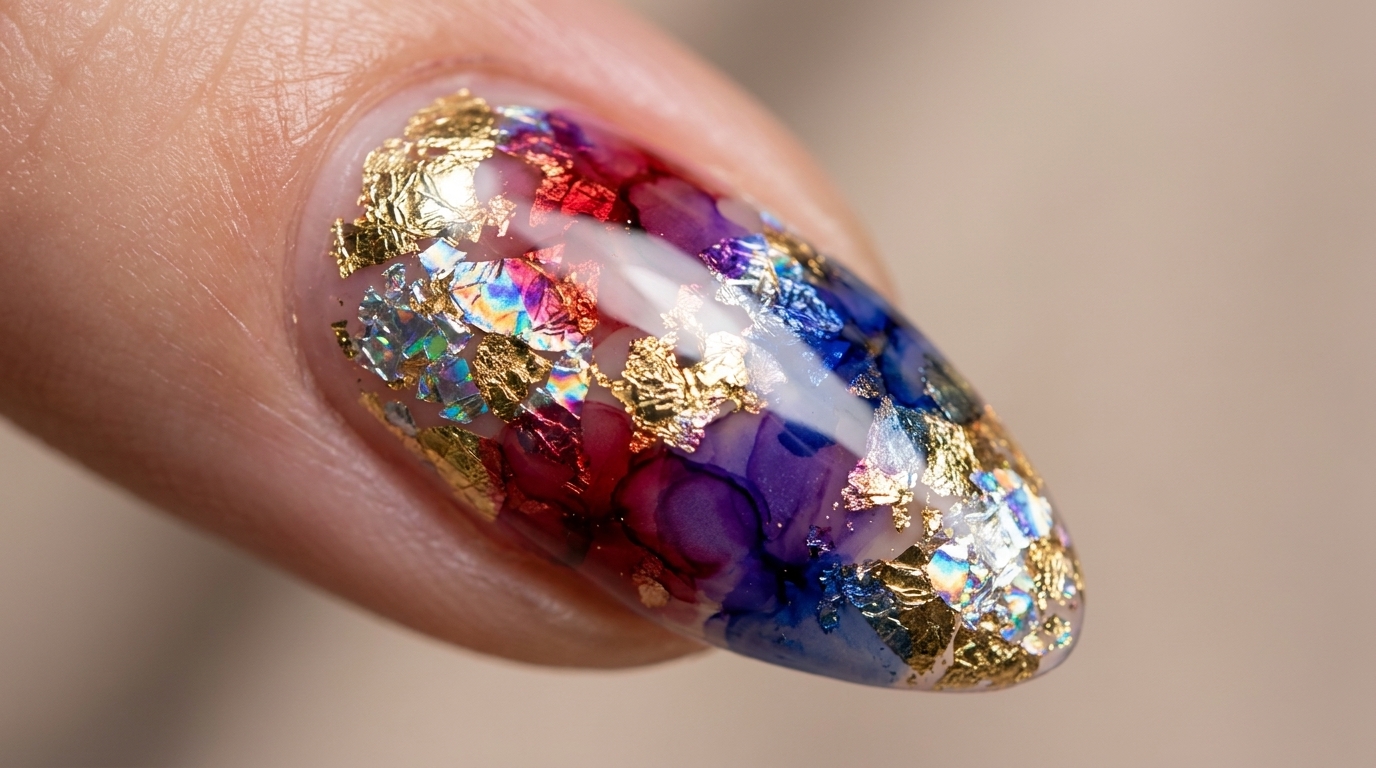 Ongles en Gel Blooming avec Feuilles d'Or et Holographiques — Tutoriel Étape par Étape