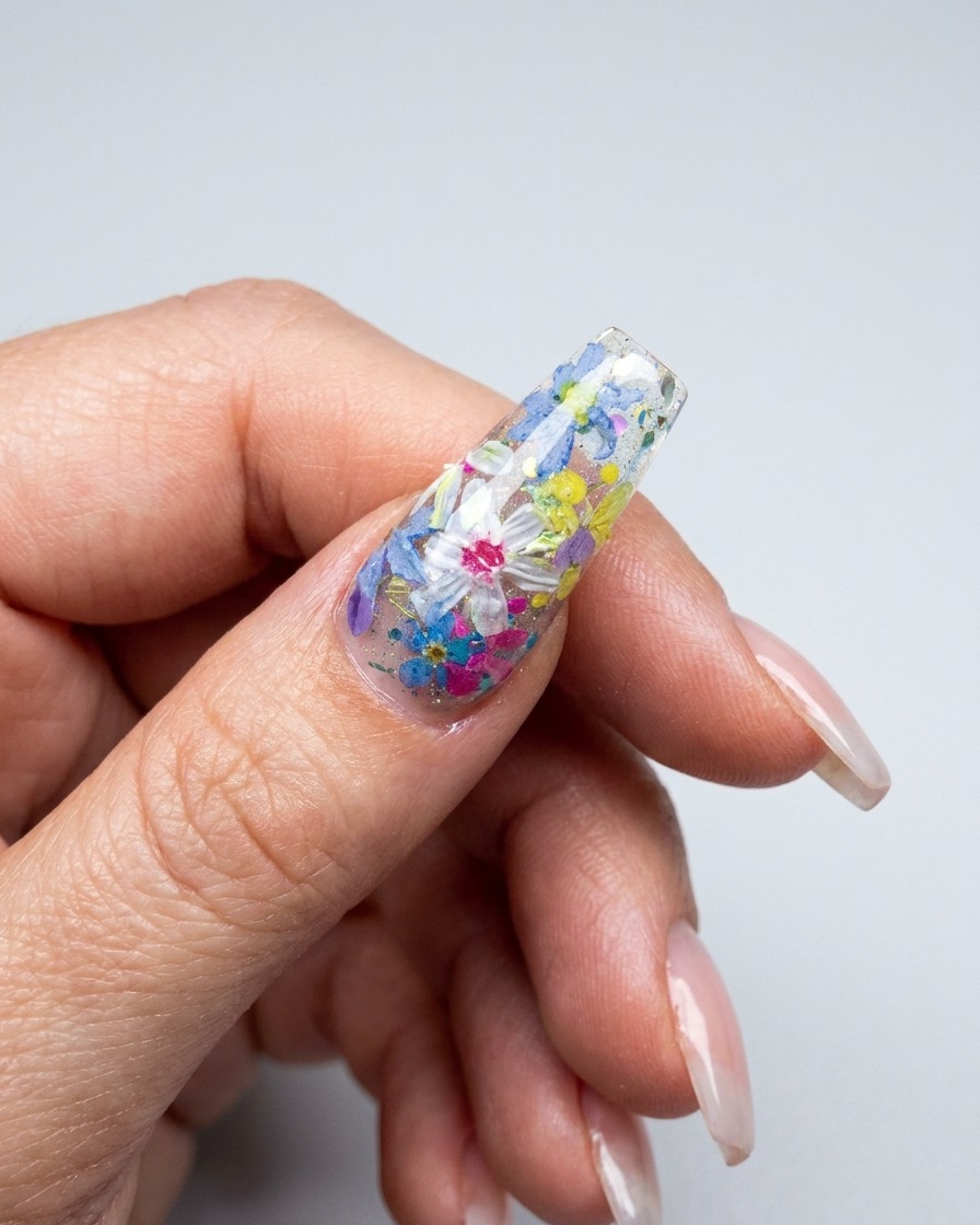 Gros plan dun pinceau appliquant des pétales floraux 3D multicolores sur un ongle décoré.