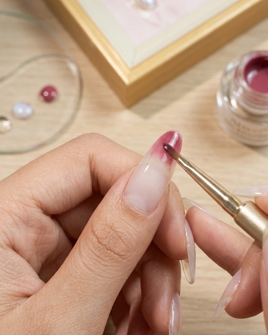 Gros plan sur un pinceau à gel appliquant du gel coloré rose sur le bout de longle, en dégradant vers la cuticule.