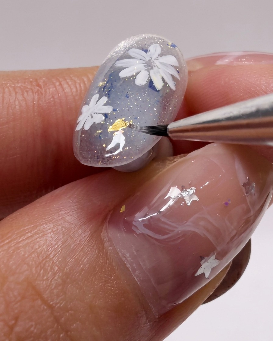 Macro dun pinceau nail art ajoutant des détails fins sur des pétales de marguerites blancs sur un ongle pailleté.