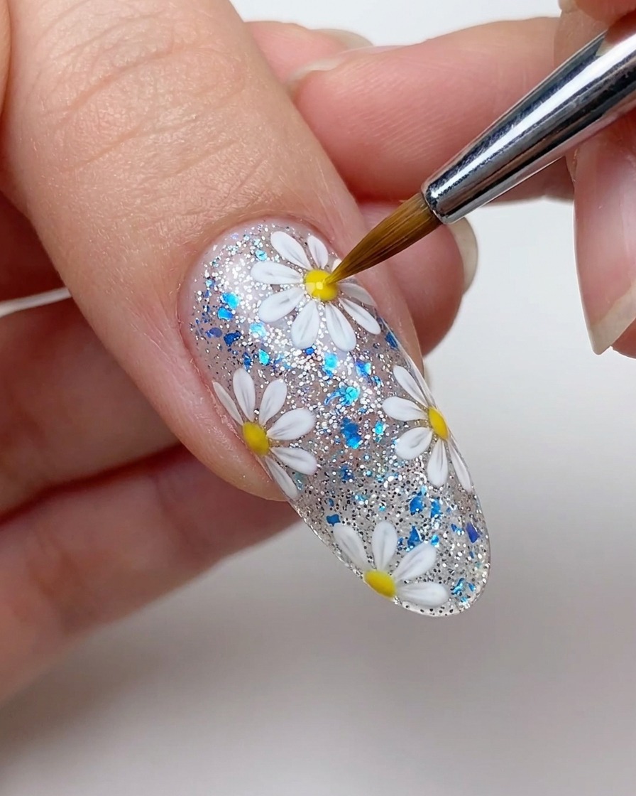Gros plan dun pinceau appliquant un petit point jaune au centre dune marguerite blanche sur un ongle.