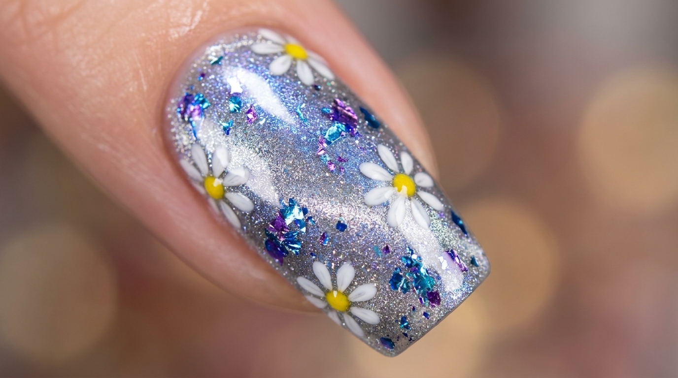 Nail Art Marguerites Effet Brocart Nuageux — Tutoriel Gel Floral