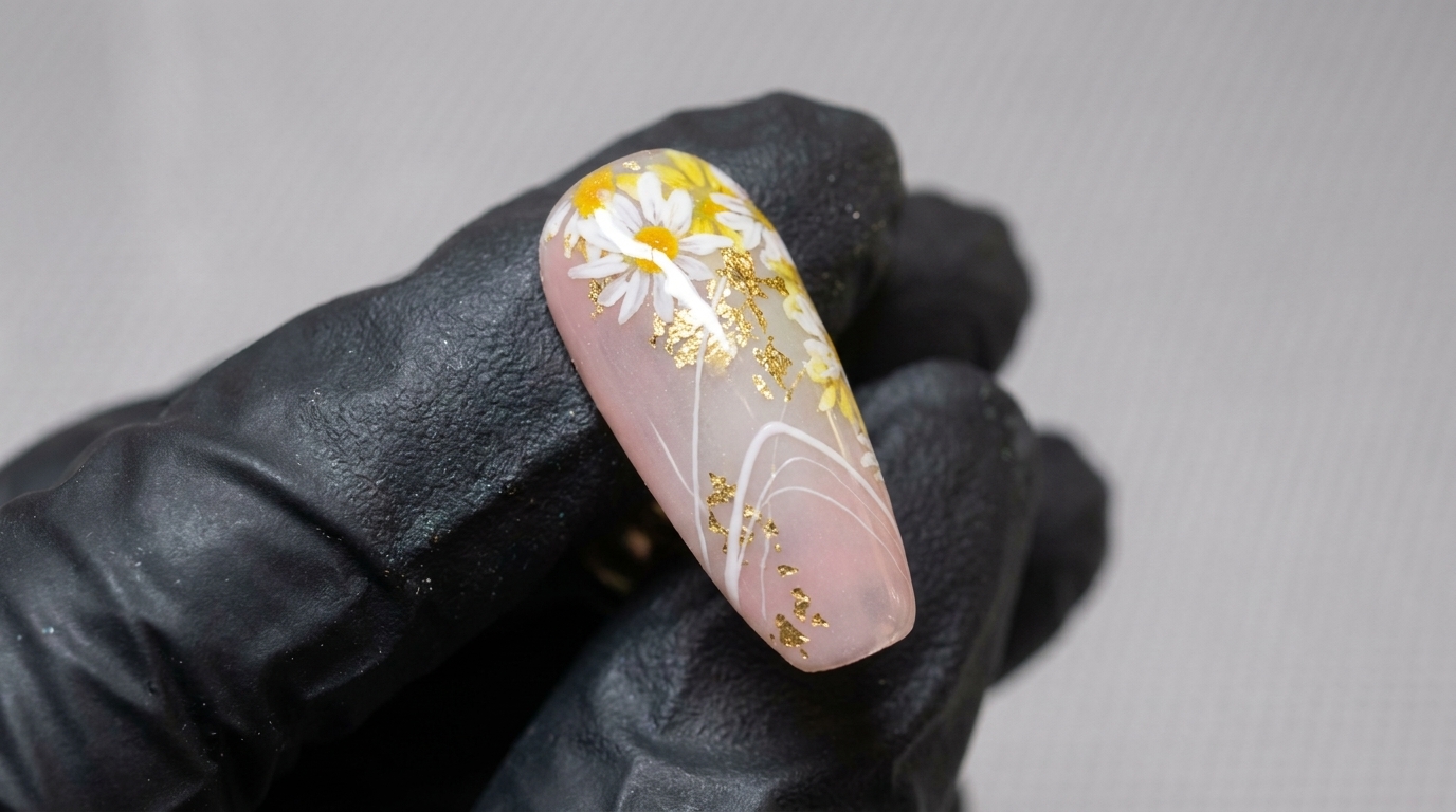 Tutoriel Ongles Gel : Ombré Rose Doux, Marguerites et Feuilles d'Or