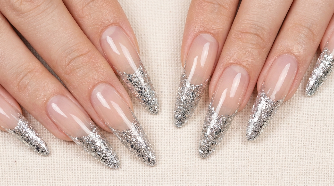 Extensions d'ongles French manucure à paillettes argentées — Tutoriel étape par étape