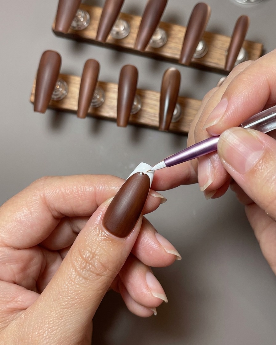 Gros plan sur un ongle brun où une French manucure blanche inversée est soigneusement délimitée au niveau de la zone de la cuticule.