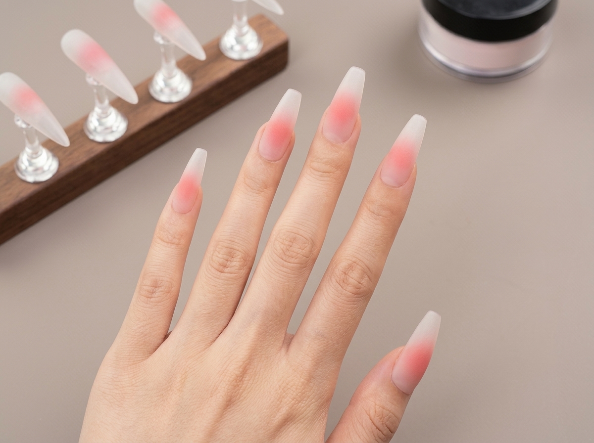 Gros plan sur des ongles en forme amande avec un effet dégradé blush rose doux commençant à la pointe.