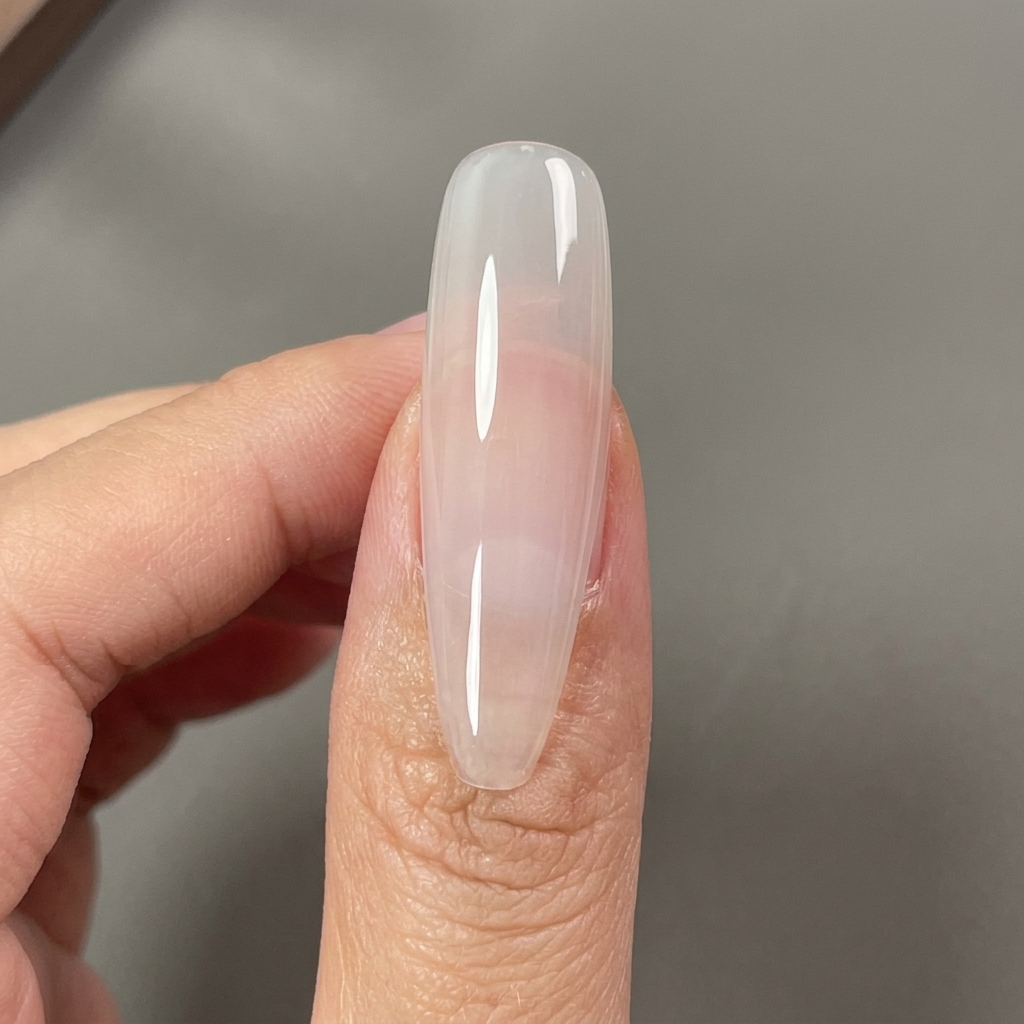 Un pinceau appliquant un top coat transparent et brillant sur un ongle manucuré.