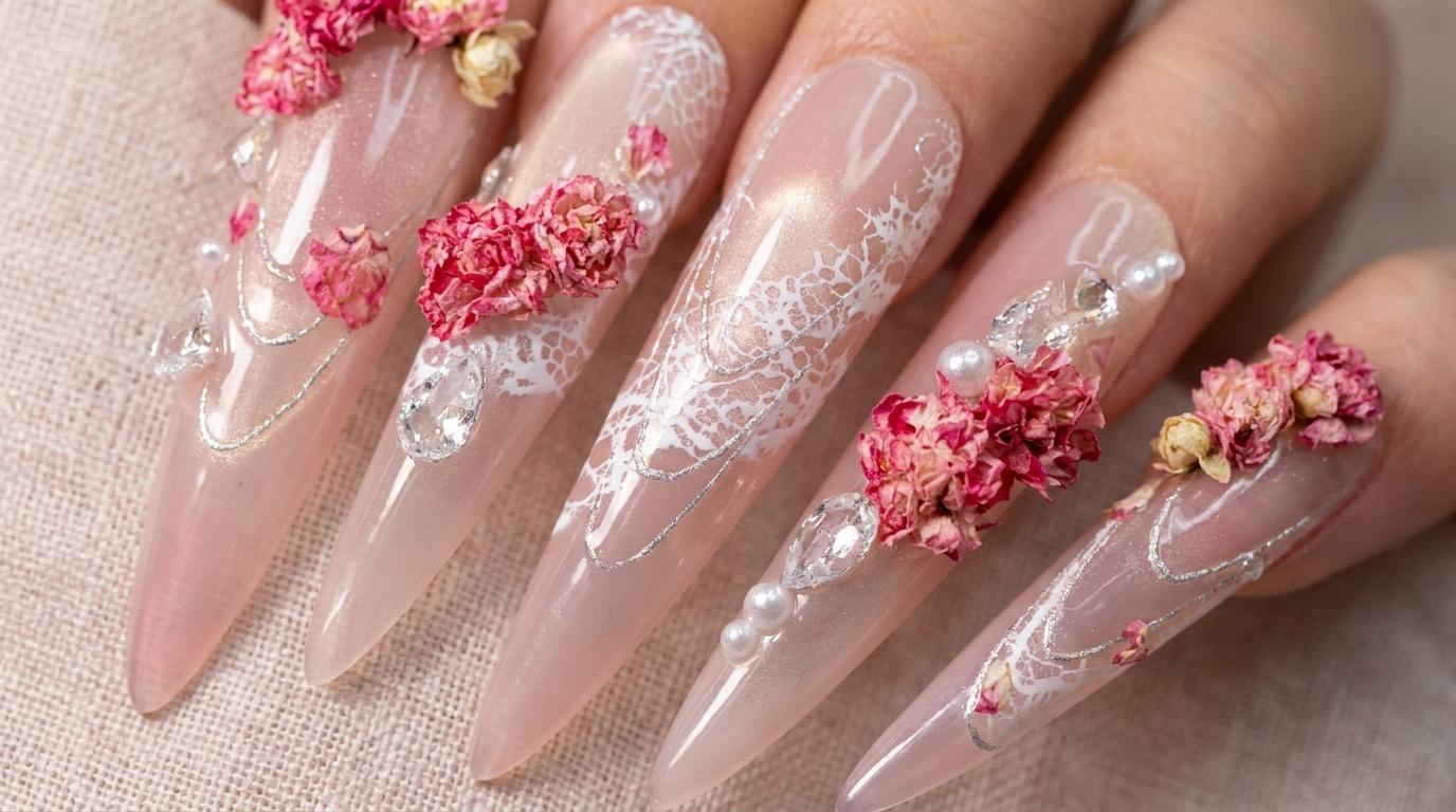 Ongles Stiletto Tiptoe Rose : Tutoriel Dentelle et Fleurs Séchées