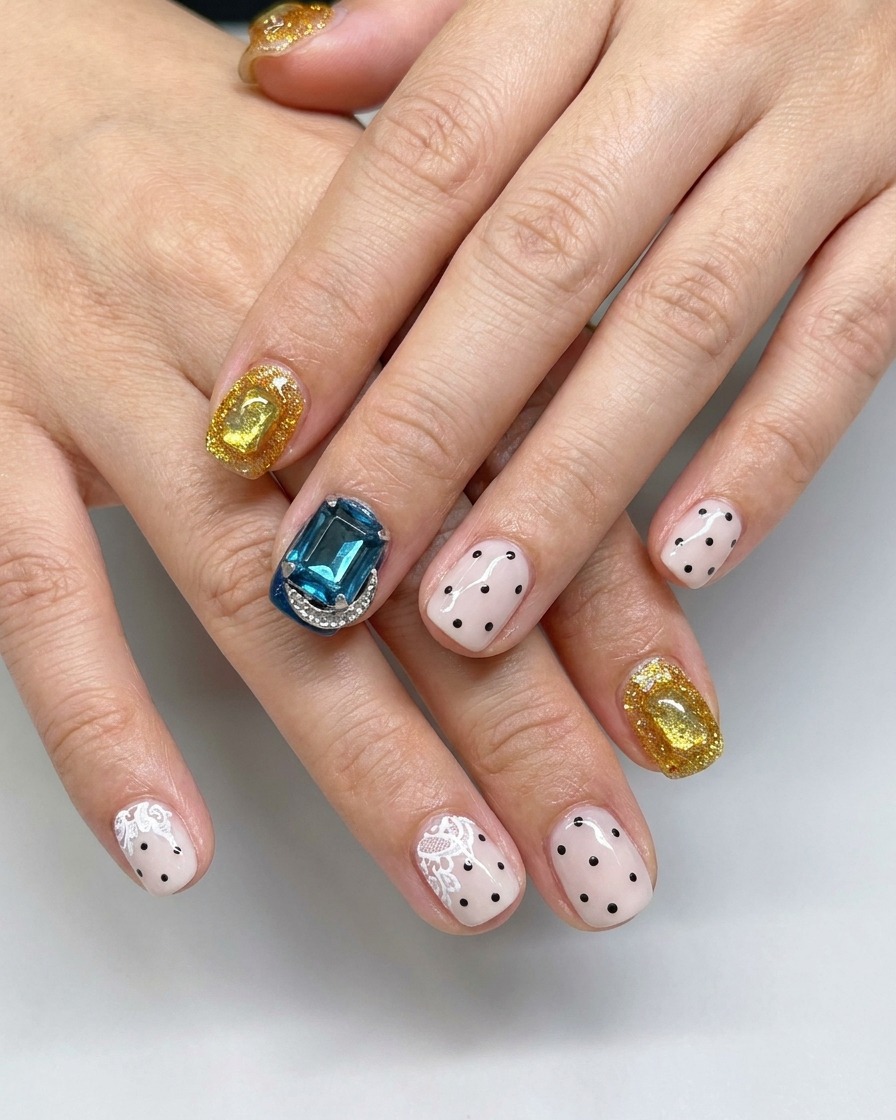 Gros plan sur un pinceau liner traçant de petits points noirs sur une base gel blanc laiteux.