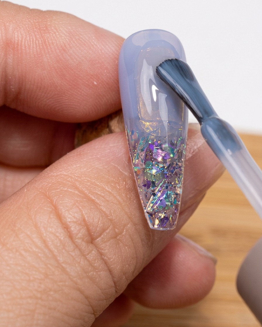 Un pinceau appliquant une couche de gel de renforcement transparent sur toute la surface de longle.