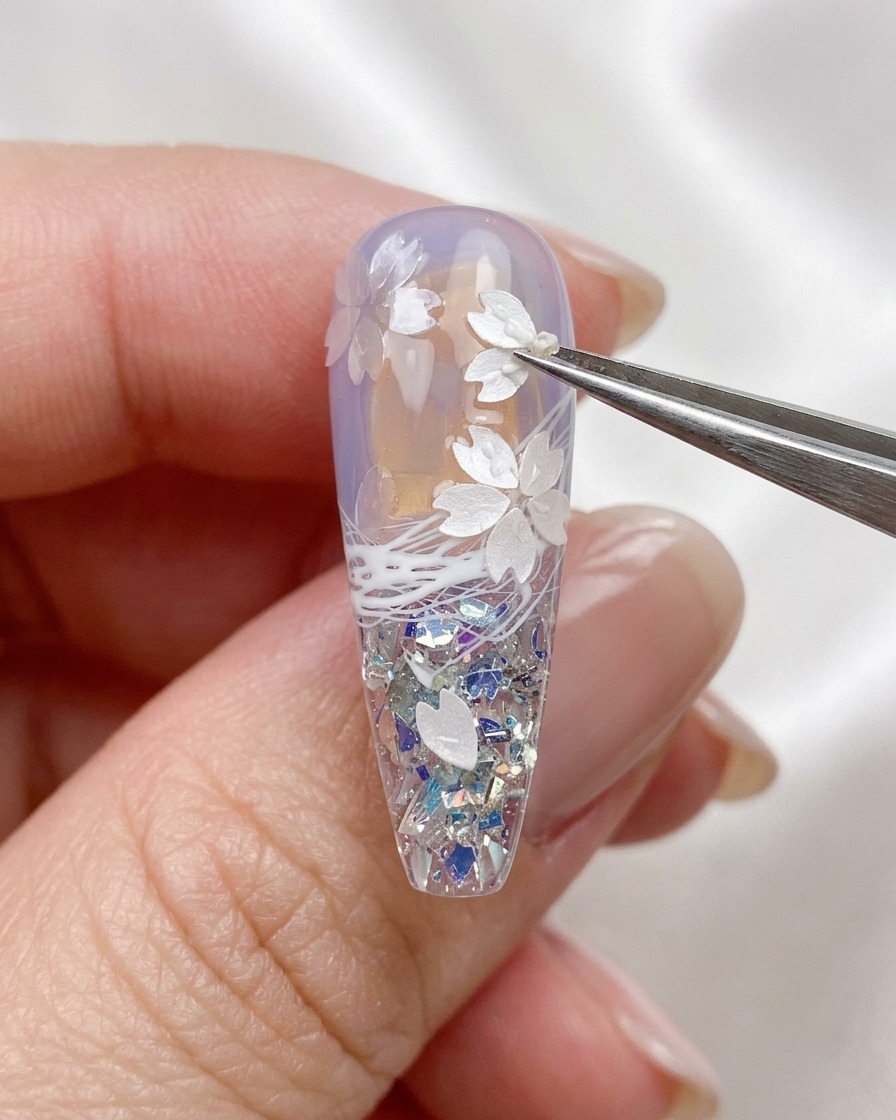Gros plan dune pince déposant une minuscule perle en acier dorée sur une surface dongle décorée de paillettes fleurs de cerisier.