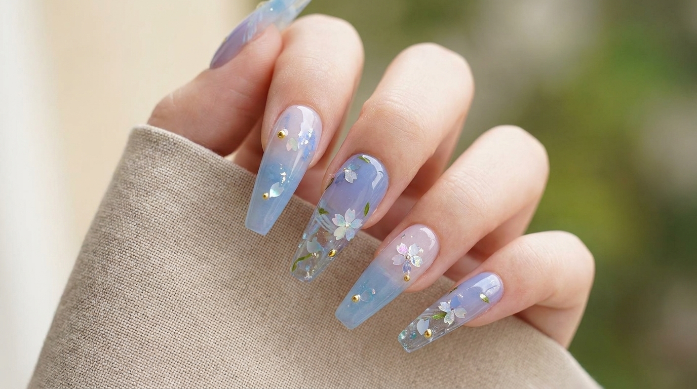Ongles dégradé bleu fleurs de cerisier — Tutoriel étape par étape