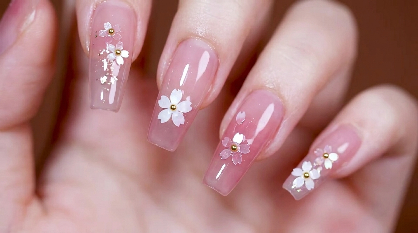 Ongles avec un dégradé rose doux effet blooming, ornés de délicats sequins fleurs de cerisier et de perles métalliques dorées.