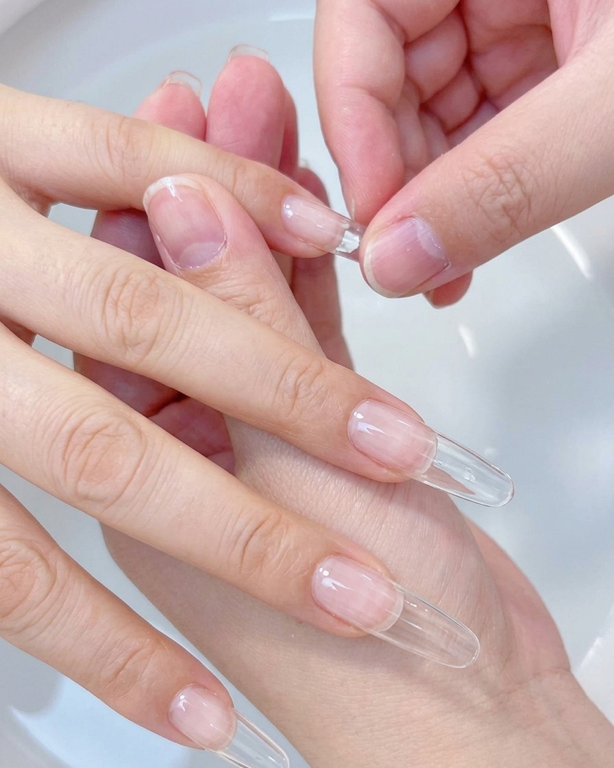 Une vue rapprochée dune personne alignant une capsule en gel transparente et couvrante sur un ongle naturel pour vérifier la taille appropriée.