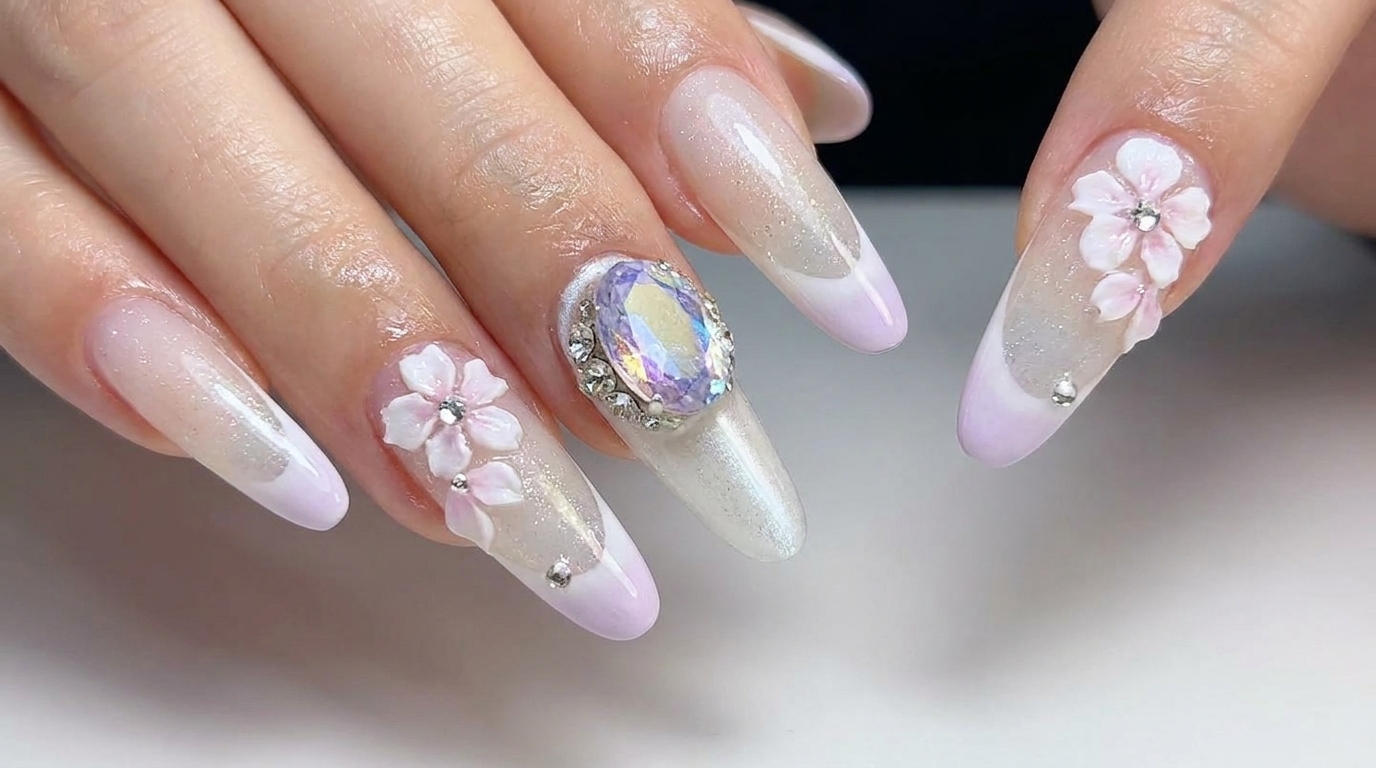Ongles dégradés œil de chat violet laiteux avec nail art fleurs de cerisier 3D