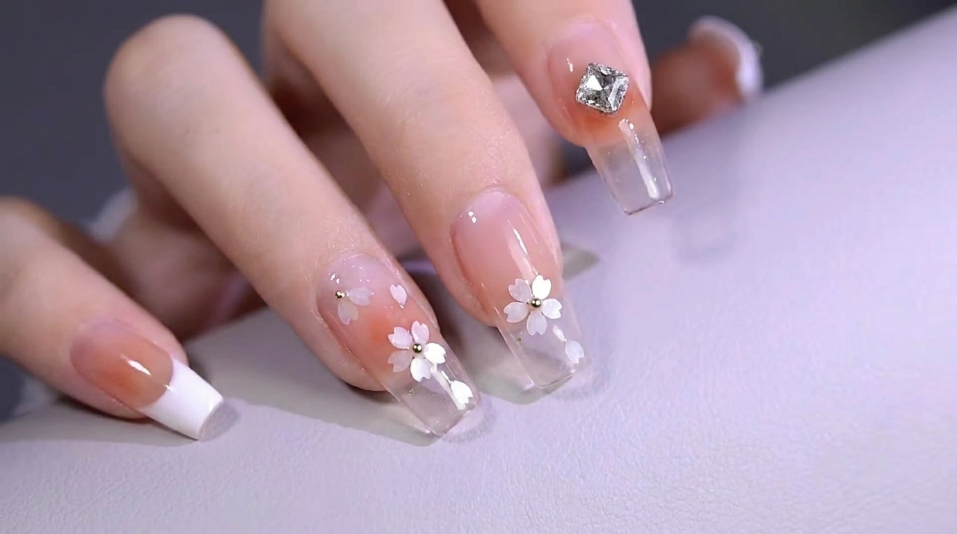 Ongles Gel Fleurs de Cerisier et Paillettes — Tutoriel Floral Élégant