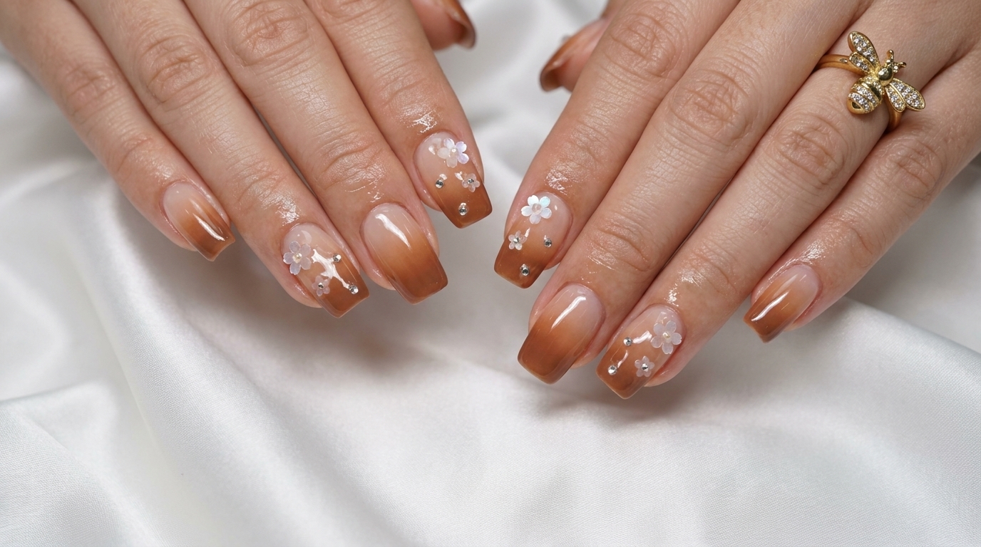 Ongles dégradés automnaux 'Milk Tea' avec sequins sakura — Tutoriel étape par étape