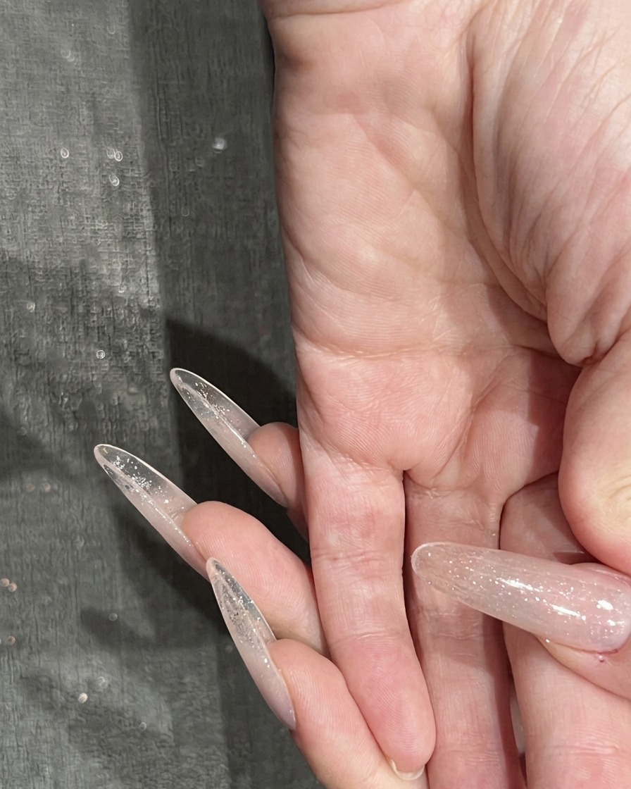 Un pinceau appliquant une dernière couche brillante de top coat sur le nail art fini.