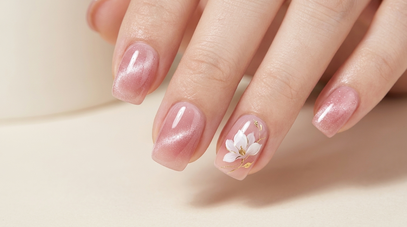 Ongles Magnolia Rose avec Effet Cat-Eye — Tutoriel Étape par Étape