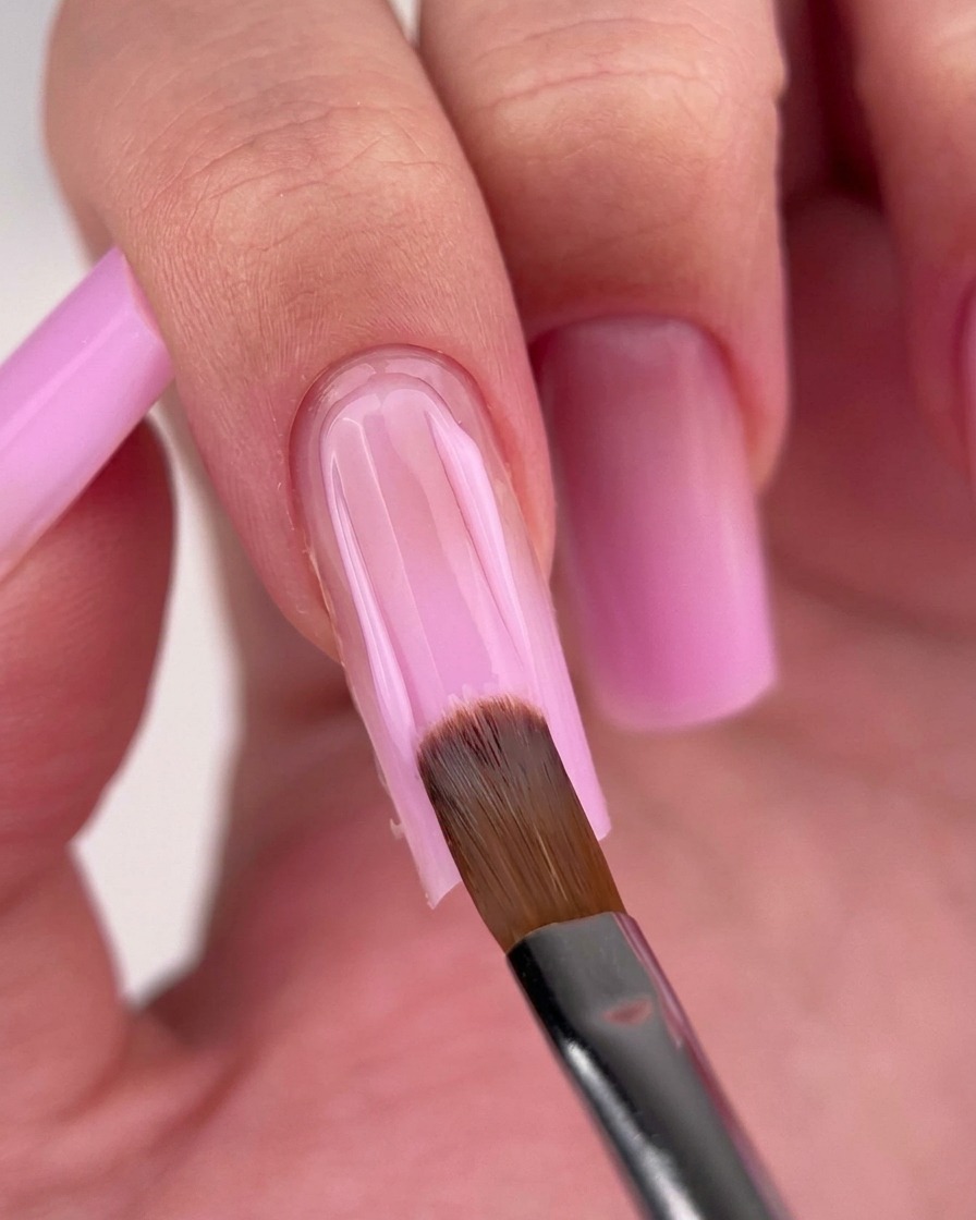 Pinceau appliquant du vernis rose sur la moitié inférieure de longle.